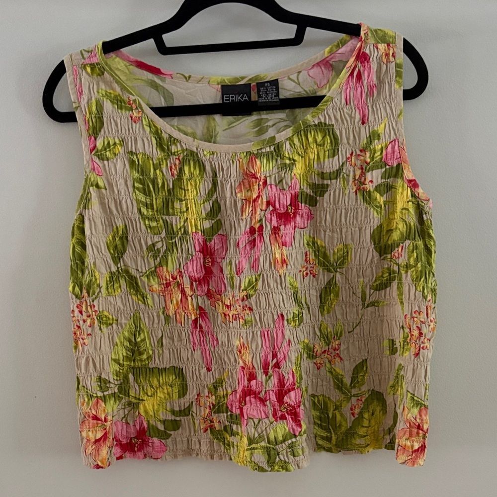Erika Cream Tank Top with Pink & Lime Floral Print Tropical Y2K White Lotus PS